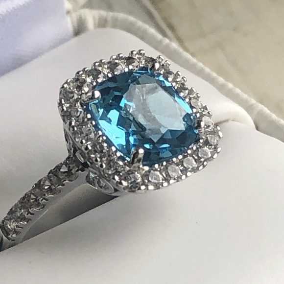 Blue topaz 4.66 carat diamond pave cocktail ring - gorgeous- size 7.25 -sterling - Picture 1 of 6